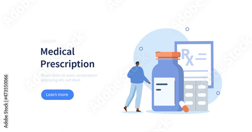 Medical prescription. Character standing near medicine pills, bottle and looking at rx prescription. Pharmacy store concept. Vector illustration.