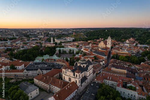 Aerial summer evening sunset view in sunny Vilnius, old town