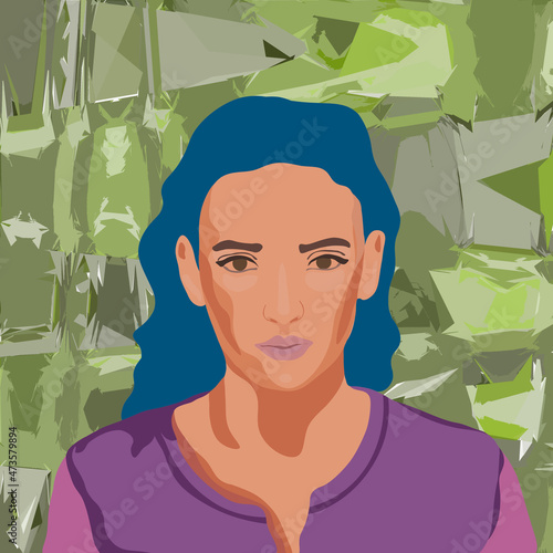 Ilustracja portret młoda dziewczyna z niebieskimi włosami na tle barwnych plam