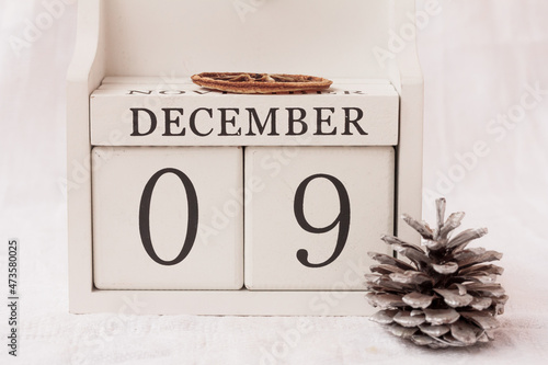 December 9th. Day 9 of month, calendar and a fir-cone on white background. White block calendar present date 09 and month December, winter time. Empty space for text