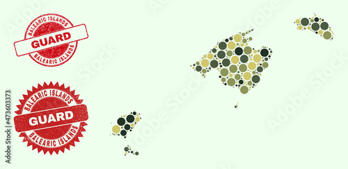 Vector circle parts mosaic Balearic Islands map in camo hues, and unclean stamp imitations for guard and military services. Round red stamps include word GUARD inside.