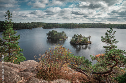 Small islands in Lake Stensjön in the Tyresta National Park in Sweden, during day with clouds in sky, from above.