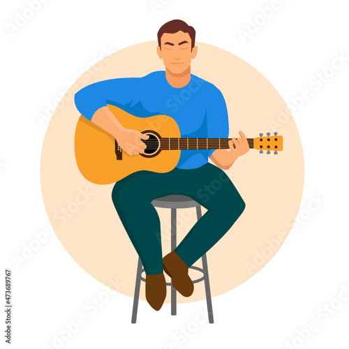 man playing guitar sitting on chair eyes closed flat style vector illustration guitarist musician Minimal Design