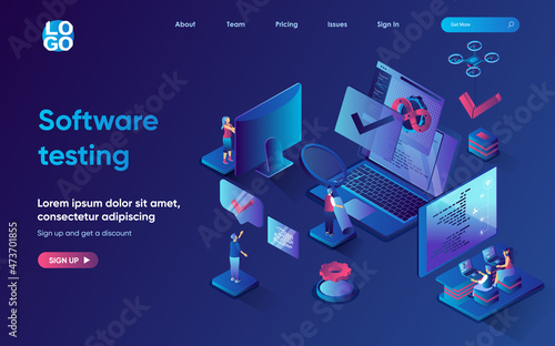 Software testing concept isometric landing page. Team develops and optimizes programs or apps, looking and fixing bugs, 3d web banner template. Vector illustration with people scene in flat design
