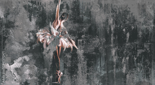 textured shabby and cracked wall on which a silhouette of a ballerina with watercolor elements is drawn, photo wallpaper