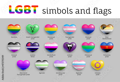 Set of LGBT pride flags of heart shape. Different sexual orientations official badges, symbols of communities realistic vector illustration. Tolerance, freedom, rights, equality 3d buttons