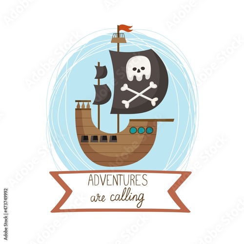 Vector pirate ship with jolly roger sailing in cartoon style.