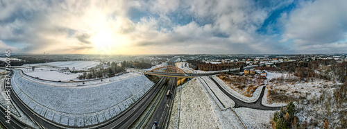 Autostrada A1 - węzeł komunikacyjny Mszana, koło Jastrzębia Zdróju na Śląsku w Polsce, zimą z lotu ptaka 