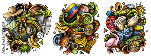 Ecuador cartoon vector doodle designs set.