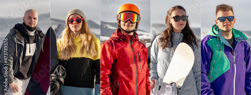 Winter ski sports collage with sportsmen faces