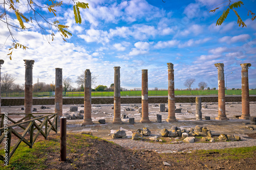 Ancient Roman columns and artefacts in town of Aquileia, Friuli Venezia Giulia