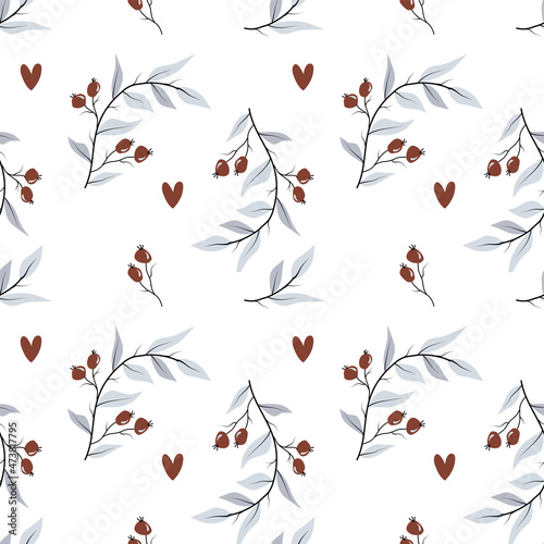 Vector valentines seamless floral pattern with leaves, hearts and berries in winter colors in Scandinavian style for fabrics, paper, textile, gift wrap isolated on white background