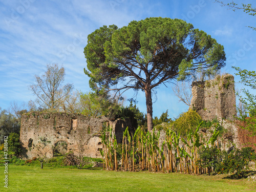 Remains of medieval building in the Garden of Ninfa of Caetani family are surrounded by exotic plants. Beautiful Monti Lepini valley near Sermoneta, Cisterna di Latina. Amazing landscape with blue sky