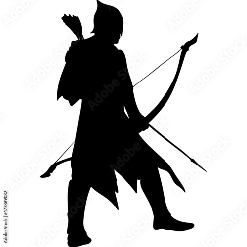 Black silhouette of an archer with arrows and a bow. A medieval warrior with a weapon is fighting in a war. Robin Hood from the English legend