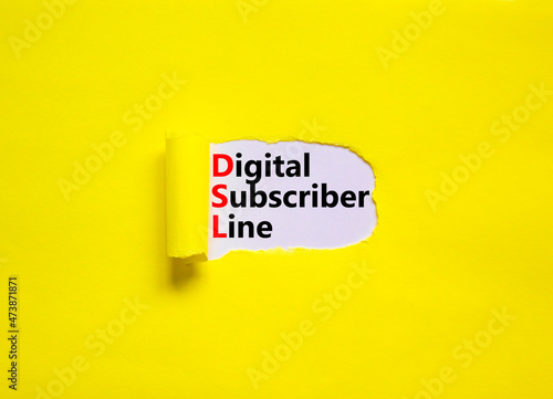 DSL digital subscriber line symbol. Concept words DSL digital subscriber line on white paper. Beautiful yellow background, copy space. Business and DSL digital subscriber line concept.