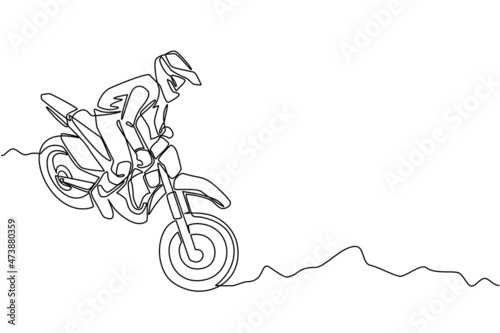 Continuous one line drawing young motocross rider ride motocross bike. Motocross motorcycle competition. Enduro, freestyle motocross extreme sport. Single line draw design vector graphic illustration