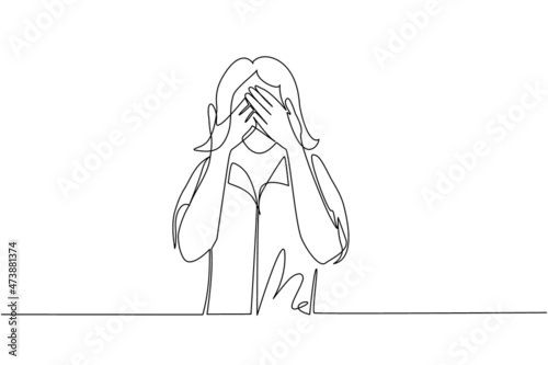 Single continuous line drawing young woman closes his eyes with her hands because of disgust and reluctance to see something, fear or sadness isolated. One line draw graphic design vector illustration