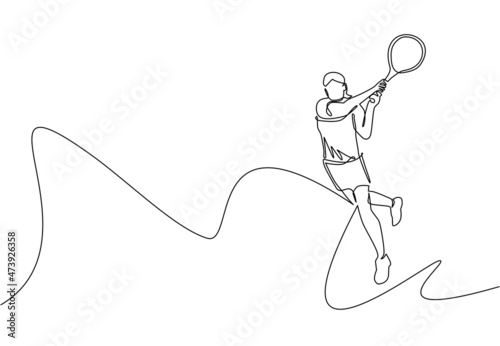 Single one line drawing young happy female tennis player hit opponent's ball. Tennis professional tournament. Sport exercise healthy concept. Continuous line draw design graphic vector illustration