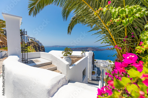 Beautiful details of the island of Santorini, white houses, blue doors and shutters, scenic views of the Aegean Sea. Summer travel landscape, rural view. Idyllic vacation destination, holiday pictures