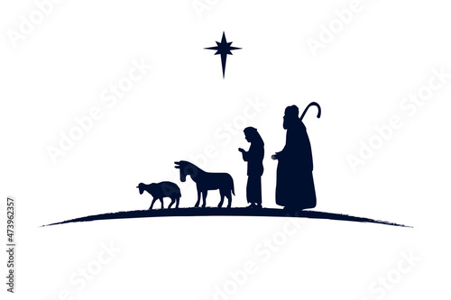 Shepherds and animals black silhouette nativity scene. Merry Christmas christian greeting card. Star of Bethlehem, herdsmans, donkey and sheep vector illustration