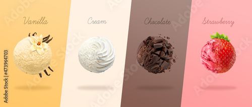 Scoops of ice cream with pieces of vanilla, cream, chocolate and strawberry. 3D illustration