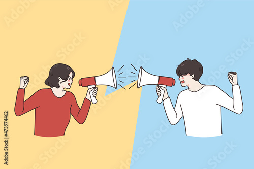 Man and woman hold loudspeakers scream at each other engaged in family fight. Stubborn angry husband and wife yell shout in megaphones, argue quarrel at home. Spouse argument. Vector illustration. 