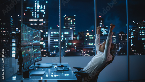 Stock Market Day Trader Working on Computer with Multi-Monitor Workstation with Real-Time Investment, Commodities and Foreign Exchange Charts. Successful Businessman Punches Air for Winning a Trade.