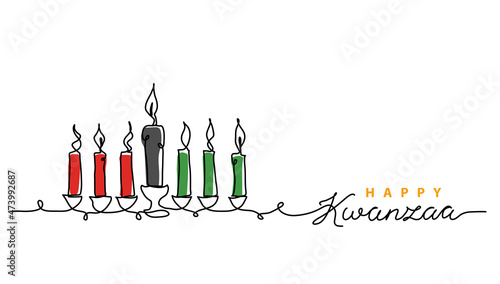 Seven Kwanzaa kinara candles in traditional African colors - red, black, green. Simple vector illustration. One continuous line art drawing candles for Kwanzaa festival