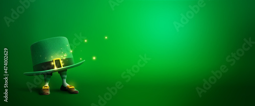 Magical leprechaun hiding in its hat. Saint Patrick's Day concept with copy space.