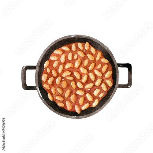 Cast iron saucepan with baked beans in tomato sauce isolated on white. Camping dish watercolor illustration. Hand drawn food clipart, top view.