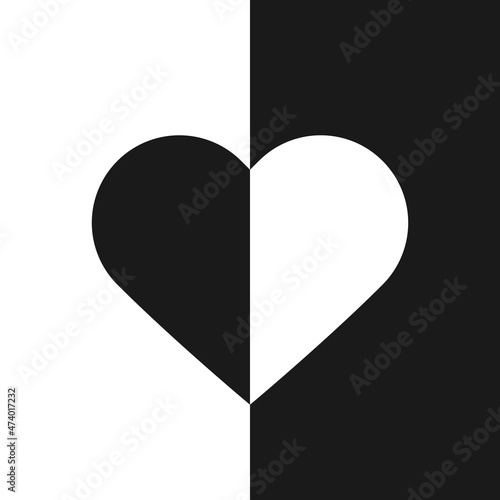 White and black opposite heart shaped halves. Love, difference, tolerance, peace, marriage, communication and extremes concept. Flat design. EPS 8 vector illustration, no transparency, no gradients