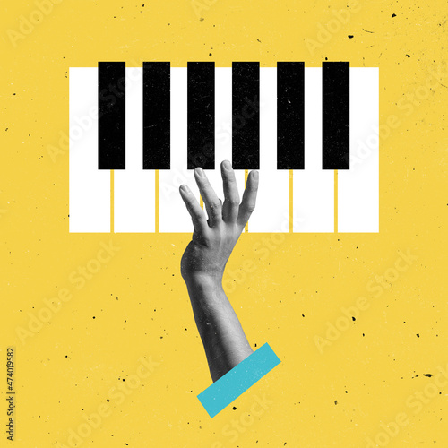 Contemporary art collage, modern design. Retro style. Composition with black and white piano keys, synthesizer isolated on light background