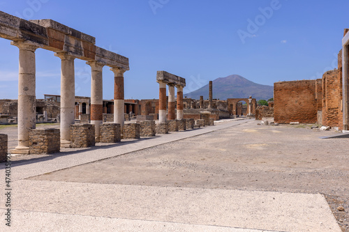 Forum of city destroyed by the eruption of the volcano Vesuvius, view of mount Vesuvius, Pompeii, Naples, Italy