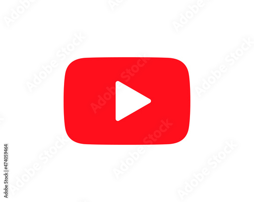 Red YouTube play button, YouTube video and music icon. A triangle within a circle is a media player symbol. Video and audio multimedia reproduction. Isolated vector illustration on white background.