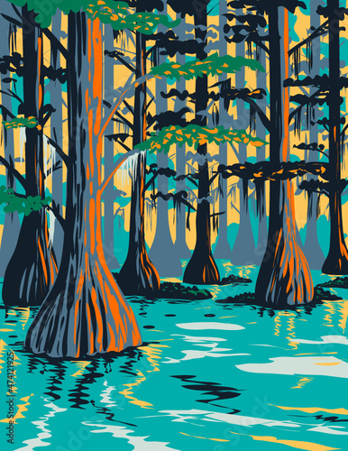 WPA poster art of Caddo Lake State Park with bald cypress trees on lake and bayou in Harrison and Marion County East Texas, United States of America USA done in works project administration style. 