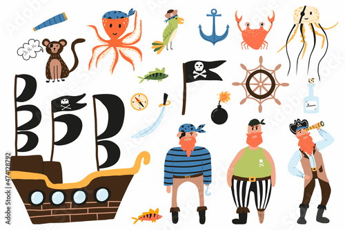  Pirate vector set. Set of cute pirates, ship, pirate animals, flag, rum, bomb. Pirate childrens set.