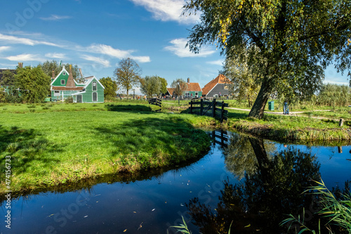 Zaanse Schans, landscape with a canal and trees 