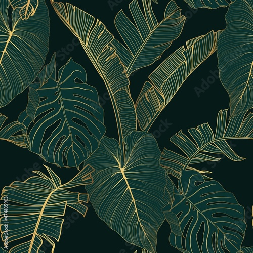 Luxury gold and nature green background. Floral pattern, many kind of Golden plant, tropical leaves and flowers, line arts, Green illustration.