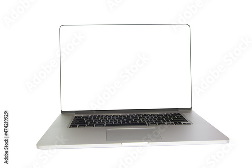 Flat morden laptop isolated on white background. Front angle view. White screen. Computer device mockup. Copy space