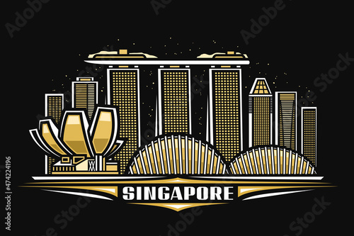 Vector illustration of Singapore, dark horizontal poster with linear design singapore city scape on dusk sky background, asian urban line art concept with decorative lettering for white word singapore