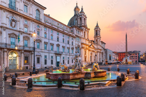Piazza Navona with Basilica at sunrise, Rome, Italy