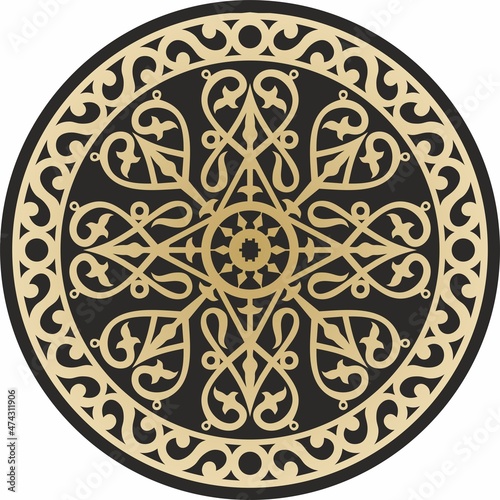 Vector gold on a black background Yakut round ornament. The circle of the ancestors of the northern peoples of the tundra. Talisman, amulet, protection symbol of longevity and infinity 