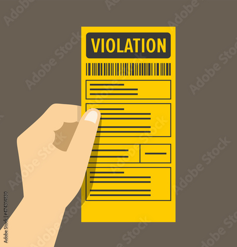 Hand holding yellow violation ticket. Isolated North American parking fine. Flat vector illustration template.