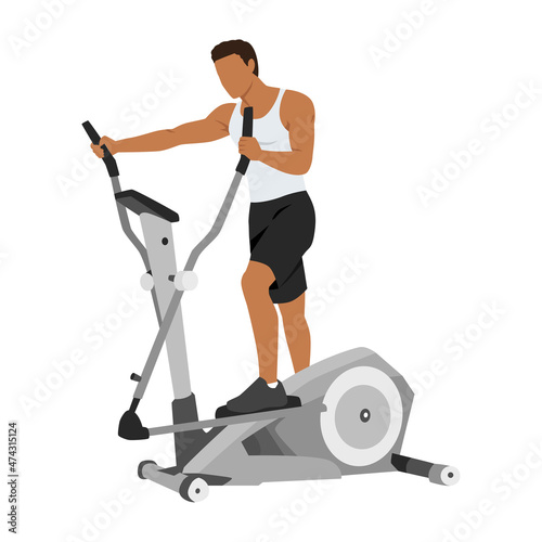 Man doing elliptical Machine exercise flat vector illustration isolated on white background