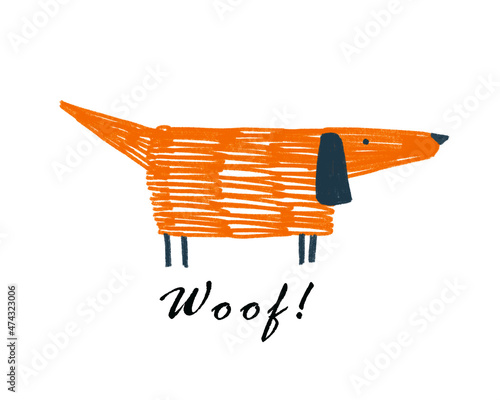 Hand-drawn colorful simple illustration with cute dog and woof in Scandinavian flat cartoon style isolated on white background. Hatch graphic doodle dog postcard. Crazy dog print. Cute animal