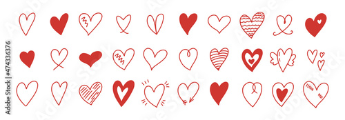 Doodle hearts sketch set. Various different hand drawn heart icon love collection isolated on white background. Red heart symbol for Valentines Day.