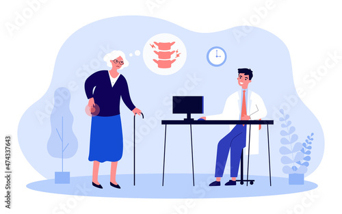 Old woman with back pain in hospital at doctor appointment. Diagnostics of arthritis, osteoporosis in elderly flat vector illustration. Medicine concept for banner, website design or landing web page