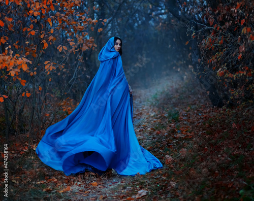 Gothic mysterious woman walks in fantasy autumn forest. long silk blue cloak flutters, waving fly in wind, fabric in motion. Head hood. Girl princess looks back. Fallen orange leaves dark trees, fog.