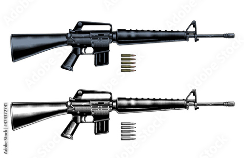 M16 assault rifle or machine gun and ammo cartridges, monochrome black and white and color vector illustration.