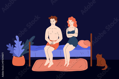 impotence and erectile dysfunction. Impotency. sad woman and man in bed at night after bad sex. prostatitis and prostate cancer. soft flaccid penis is frustrating for the patient. stock vector.